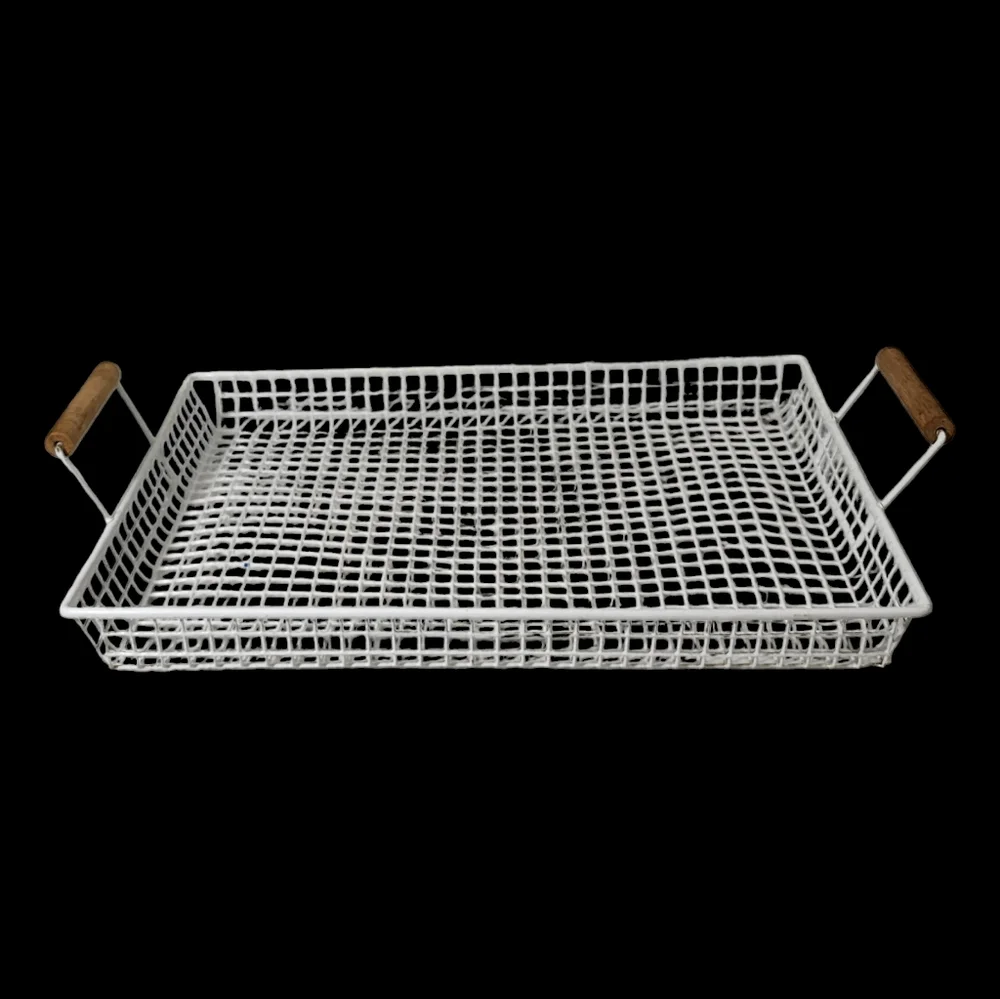 Vintage White Wire Mesh Paper Basket Tray With‎ Turned Wood Handles
